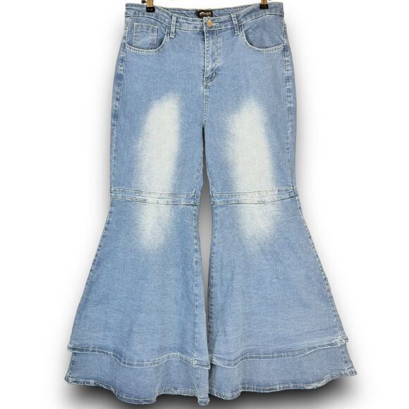 NEW XPlusWear Layered Bell Bottom Stretch Jeans High Waist 70s Style Size Large - Picture 2 of 11